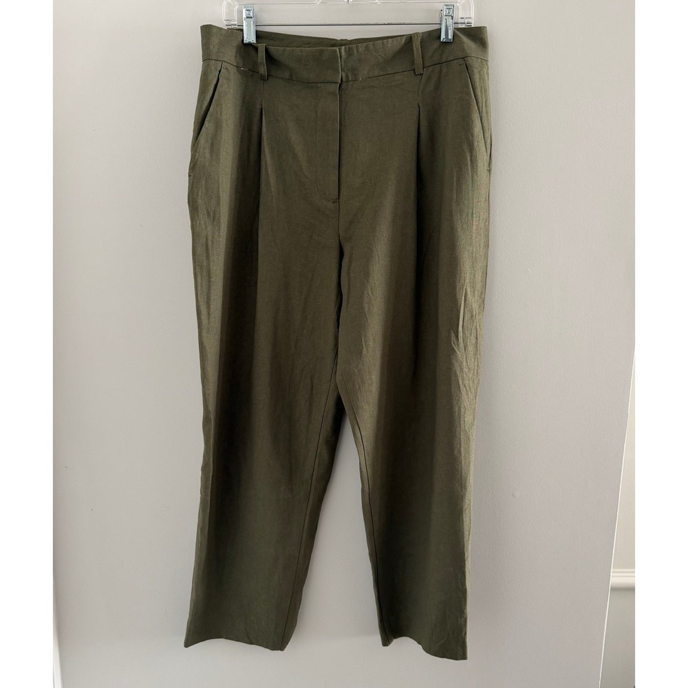 Zara Olive Green Linen Blend Pleated High Rise Tapered Pants Large Lightweight